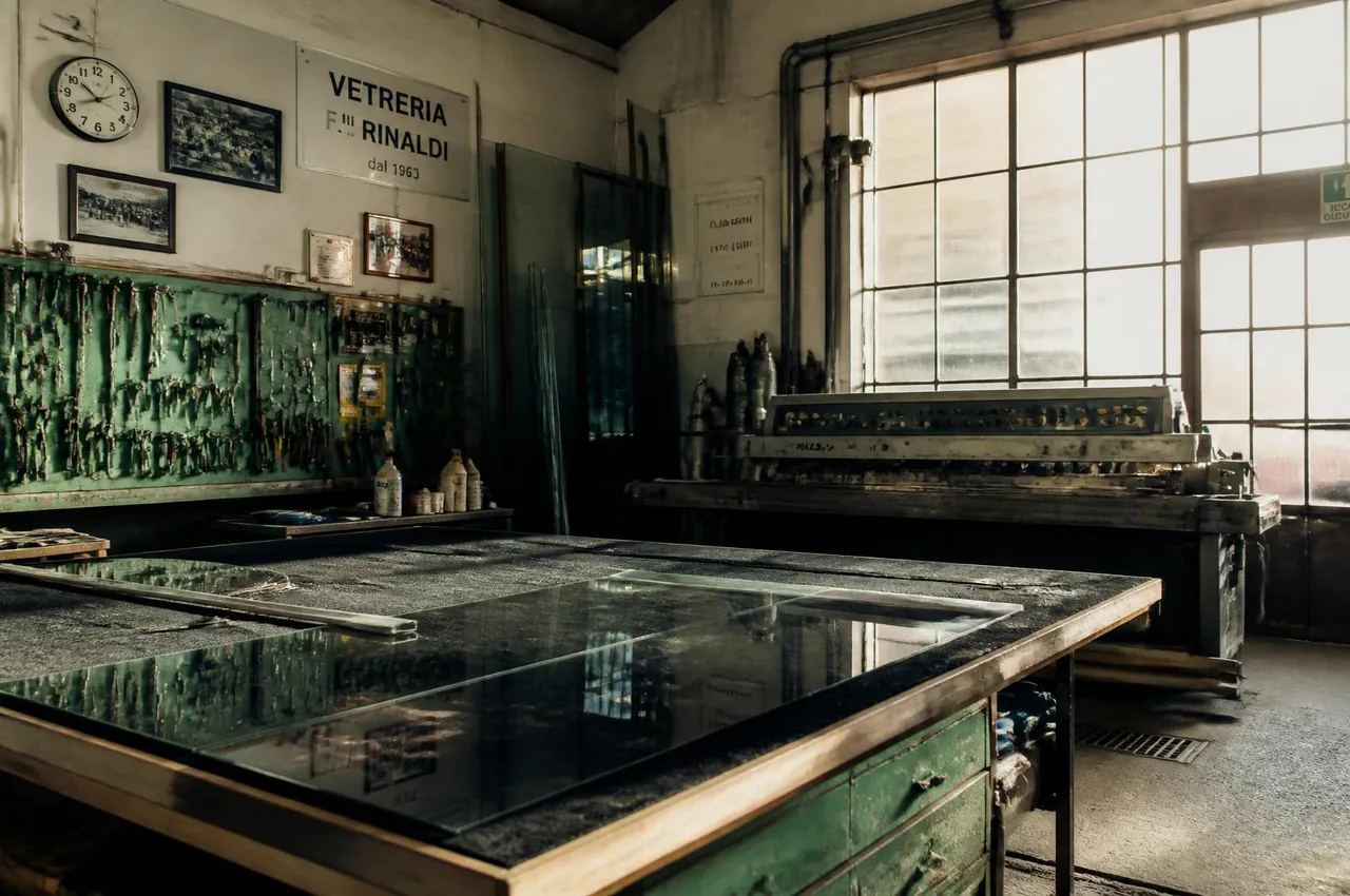 Interno del laboratorio vetreria con banco di taglio e molatrice