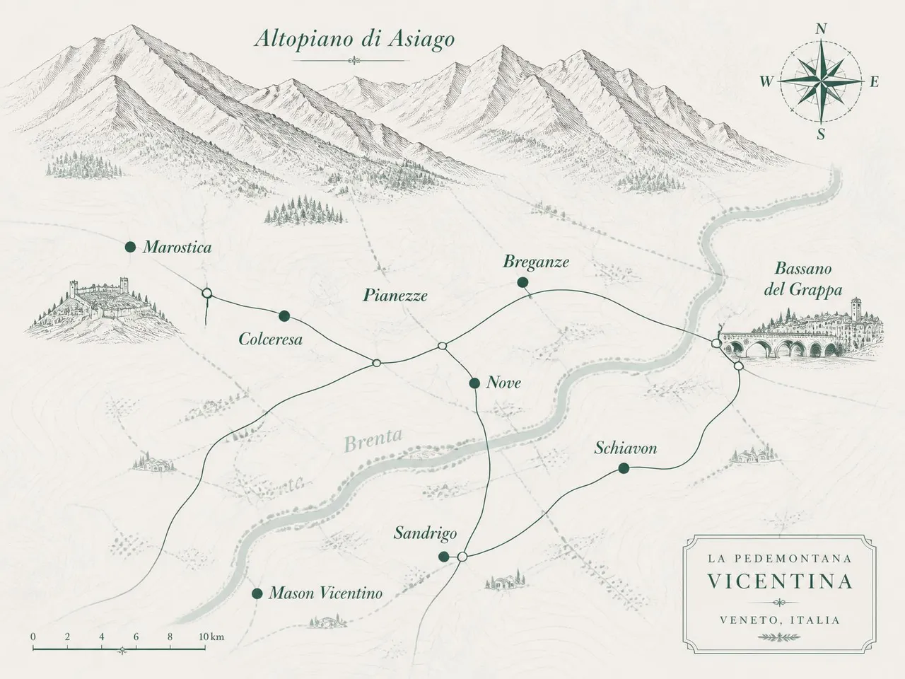 Mappa illustrata della pedemontana vicentina con Marostica, Colceresa, Bassano del Grappa e paesi limitrofi